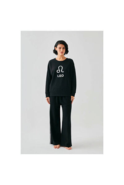 Narnuga Mi̇ray- Women's Black Leo Zodiac O Oversized 2 Thread Tracksuit Home Wear Set