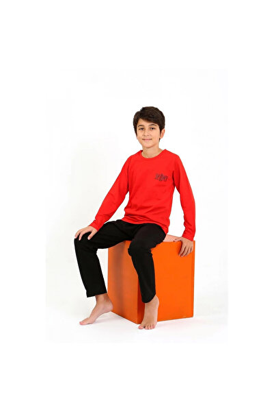 Narnuga Mi̇ray- Boys' Long Sleeve Combed Cotton Pajama Set Red