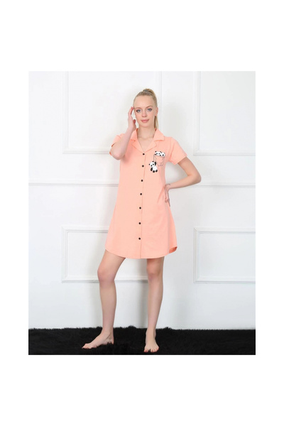 Narnuga Mi̇ray- Women's Combed Cotton Front Buttoned Pink Tunic Nightgown
