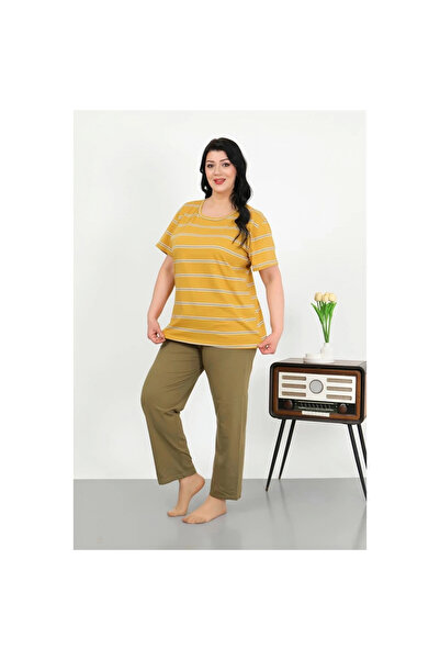 Narnuga Mi̇ray- Women's Plus Size Short Sleeve Combed Cotton Pajama Set Yellow