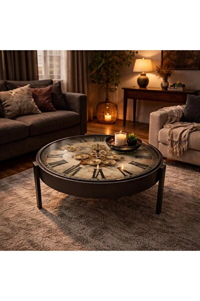 hediyeconcepti Metal Çarklı Sehpa Saat – Endüstriyel Tasarım, Cam Üst Yüzeyli...