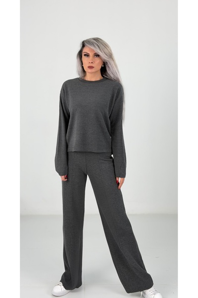 KAROL Füme Minimal Rahat Kalıp Takım – Uzun Kollu Üst & Yüksek Bel Pantolon