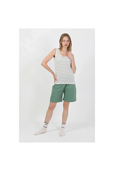 Narnuga Mi̇ray- Women's Thick Strap Cotton Combed Shorts Set Green