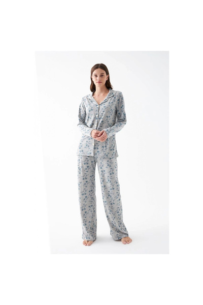 Narnuga Mi̇ray- Women's Gray Patterned Buttoned Cotton Pajama Set