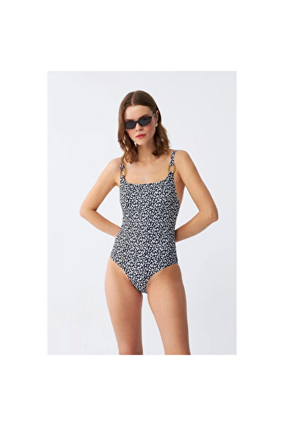 Narnuga Mi̇ray- Women's Navy Blue Geometric Patterned One-Piece Swimsuit with Accessory Straps