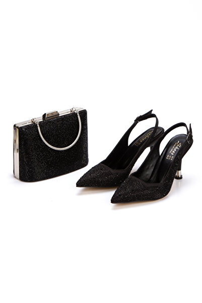 Melvoria Women's Stone Embroidered Evening Dress Shoes and Black Stone Bag Set