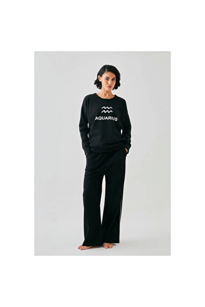Narnuga Mi̇ray- Women's Black Aquarius Zodiac Sign O Oversized 2-Piece Tracksuit Home Wear Set