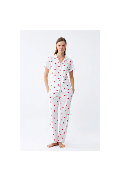 Narnuga Mi̇ray- Women's White Red Heart Front Buttoned Pajama Set