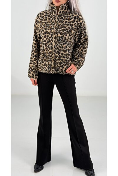 KAROL Leopar Desen Fermuarlı Peluş Ceket Mont