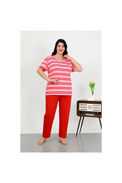 Narnuga Mi̇ray- Women's Plus Size Short Sleeve Combed Cotton Pajama Set Red