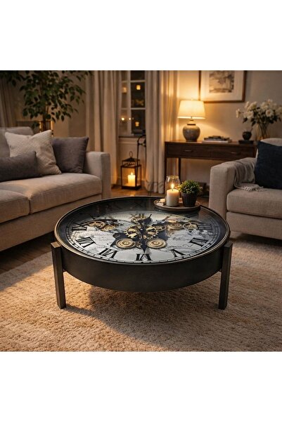 hediyeconcepti Metal Çarklı Sehpa Saat – Endüstriyel Tasarım, Cam Üst Yüzeyli...