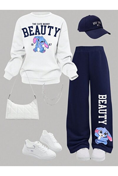 Kids Beauty Baskılı Kız Pamuklu Beyaz Lacivert Çocuk Alt Üst Takım