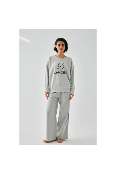 Narnuga Mi̇ray- Women's Gray Cancer Zodiac Sign O Oversized 2 Thread Tracksuit Home Wear Set