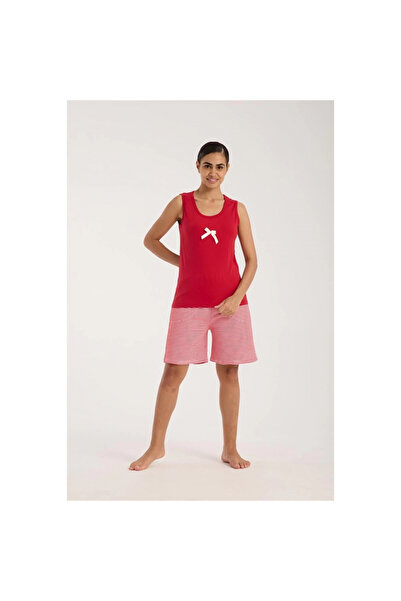 Narnuga Mi̇ray- Women's Red Ribbon Detailed Striped Shorts Pajama Set