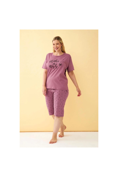 Narnuga Mi̇ray- Women's Plum “Make a Wish” Printed Plus Size Capri Pajama Set