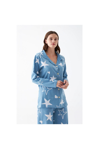 Narnuga Mi̇ray- Women's Blue Star Patterned Buttoned Cotton Pajama Set