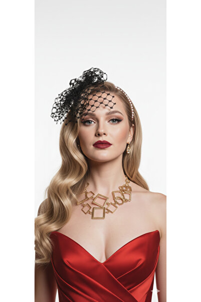 drt tasarım Black Tulle Red Ribbon Wrapped Reflective Stone Crown