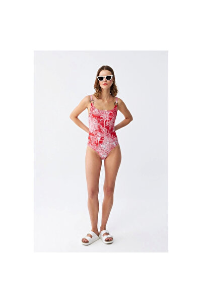 Narnuga Mi̇ray- Women's Red Tropical Patterned One-Piece Swimsuit with Accessory Straps