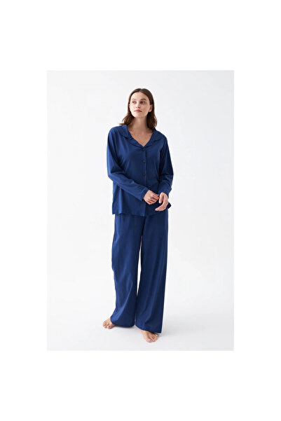 Narnuga Mi̇ray- Women's Navy Blue Buttoned Collar Detailed Cotton Pajama Set