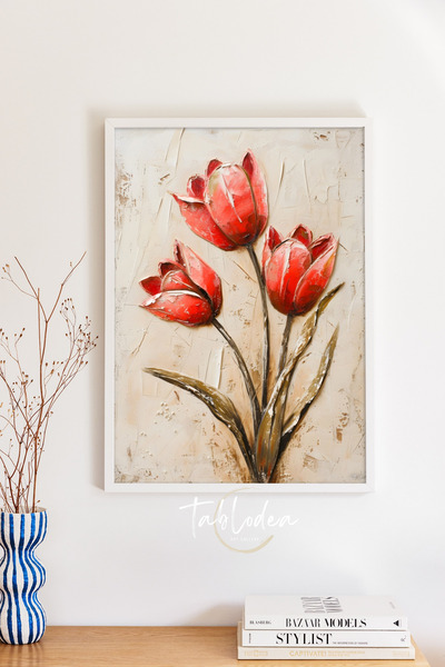 tablodea Αφίσα με μοτίβο κόκκινης τουλίπας με εφέ υφής ελαιογραφίας και λευκό...