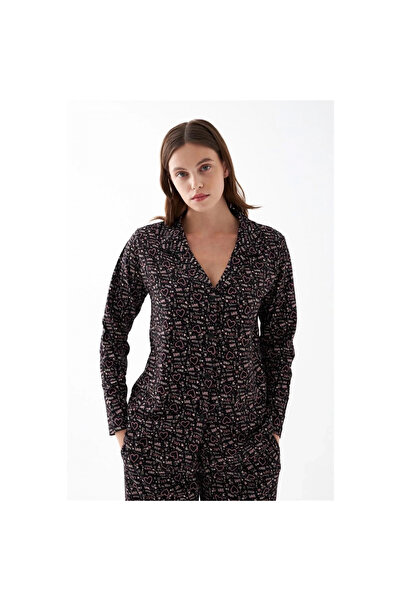 Narnuga Mi̇ray- Women's Black Buttoned Heart Patterned Cotton Pajama Set