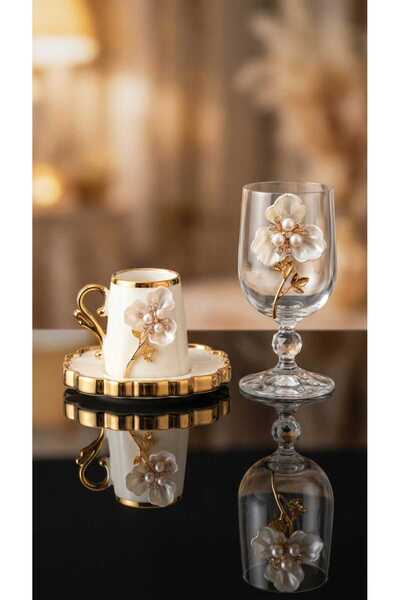 ÇNR Home Collection Özel El Yapımı 6 lı Porselen İnci Taşlı Çiçek Broşlu Gold...