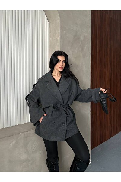 Bella Breeze Women's Short Belted Premium Cashmere Coat with Epaulet Detail on the Sleeves and Cape Detail