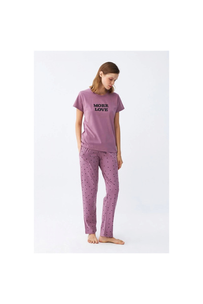 Narnuga Mi̇ray- Women's Purple Star Patterned Combed Cotton Short Sleeve Pajama Set