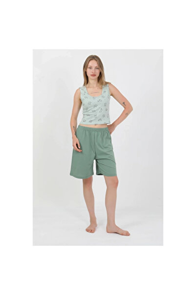 Narnuga Mi̇ray - Women's Thick Strap Cotton Combed Crop Top and Shorts Set Water Green
