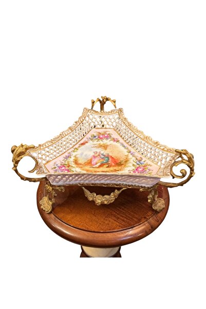 tayfuntufan antika koleksiyon Meissen Damgali – 19. Century Lace-Like Knit Porcelain Presentation Dish |   Bronze Mounted, Hand Painted Pastoral Scene