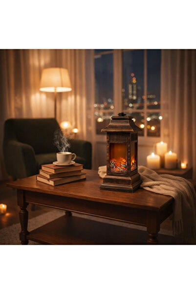 CEZVE HOME Dekoratif Şömine Efektli Masa Lambası -Şarjlı