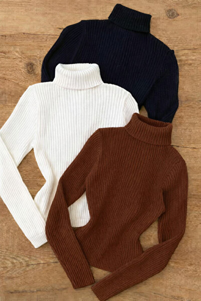 ÖZ PAMUK 3 ADET Tam Boğazlı Yaka Örme Kaşkorse Mevsimlik Uzun Kazak