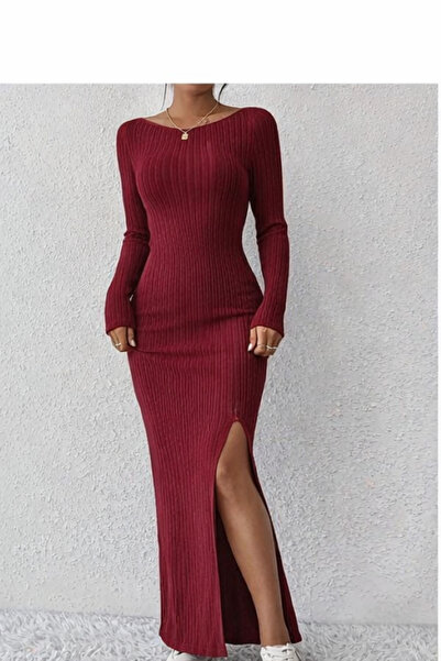 Fashion'Ss Burgundy Long Sleeve Pool Neck Slit Winter Spring Autumn Dress