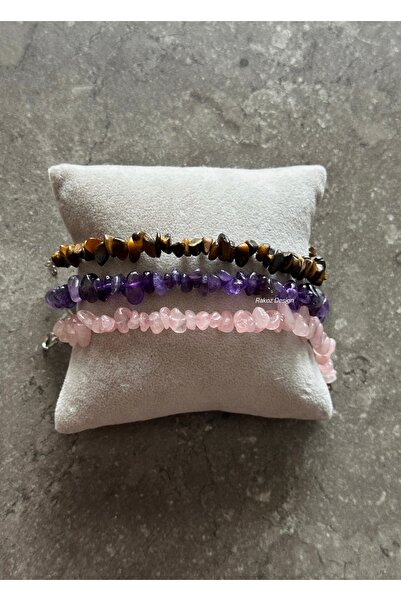 Rakoz Design Doğal Taş Bileklik (Ametist, Pembe Kuvars,Kaplan Gözü)