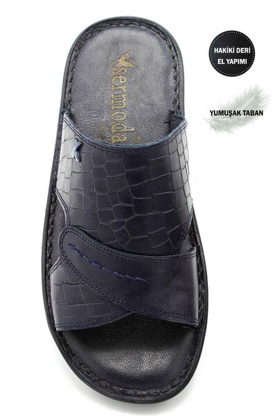 lil amore Genuine Real Leather Men's Slippers Lightweight Slippers Leather 3d Navy Blue