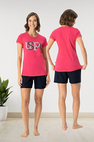 U.S. Polo Assn. Set de pijamale pentru femei, tricou imprimat fucsia și panta...