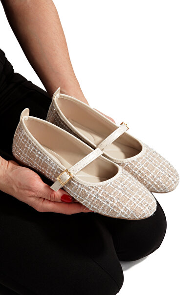 CEMAY Balerini din țesătură tweed pentru femei, cu cataramă simplă, potriviti...