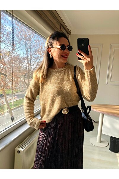 Gözde Tasarım Butik Women's Gold Golden Color Silvery Circular Neck Short Knitwear Sweater