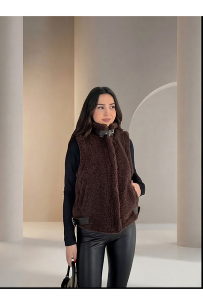Modeva Global Kemerli Dik Yaka Kahverengi Buklet Peluş Yelek