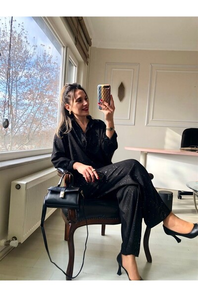 Gözde Tasarım Butik KADIN SİYAH RENK SİMLİ GÖMLEK EŞOFMAN PANTOLON TAKIMI