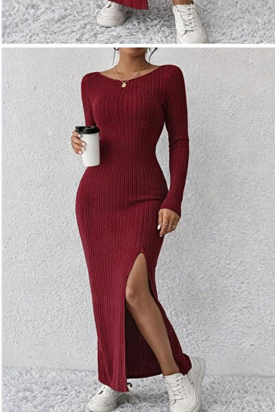 Fashion'Ss Βουργουνδία μακρυμάνικο φόρεμα με λαιμόκοψη άνοιγμα Χειμερινό φθινόπωρο φόρεμα