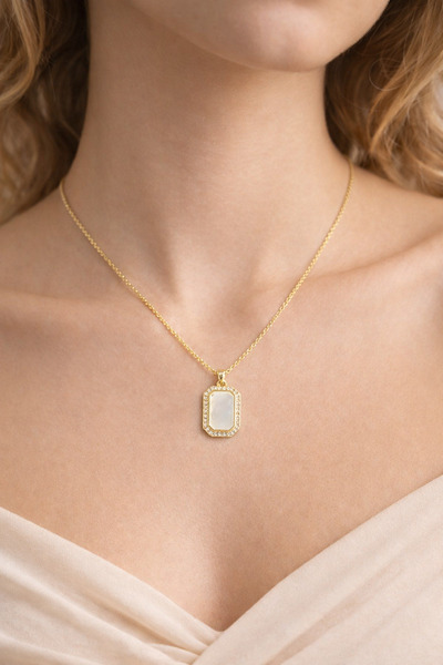 alyacs Rectangular Looking Zircon Stone Gold Color Steel Necklace – Elegant &...