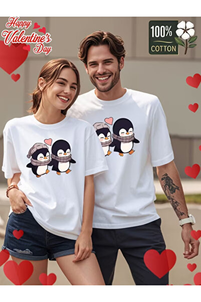 one button Cute Penguin Design Couple Lover Combination Regular T-Shirt 2-Pie...