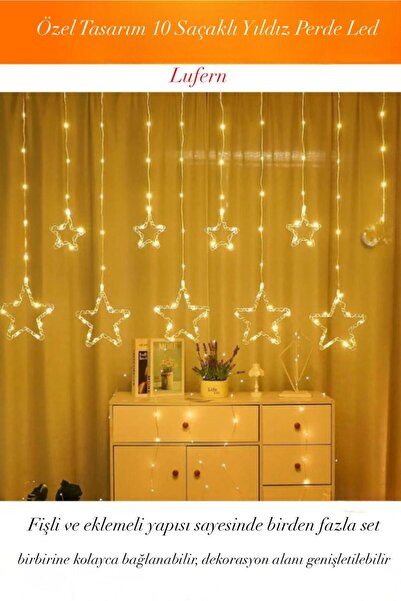 Lufern Özel Tasarım 10 Saçaklı Yıldız Perde Led Vitrin Pencere Balkon Özel Gü...