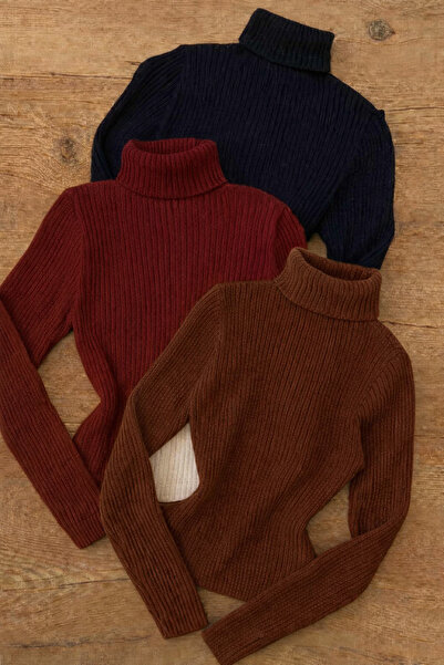 ÖZ PAMUK 3 ADET Tam Boğazlı Yaka Örme Kaşkorse Mevsimlik Uzun Kazak