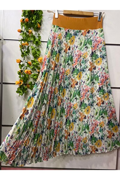 edu collection Floral Print Chiffon Bellows Skirt with Lining