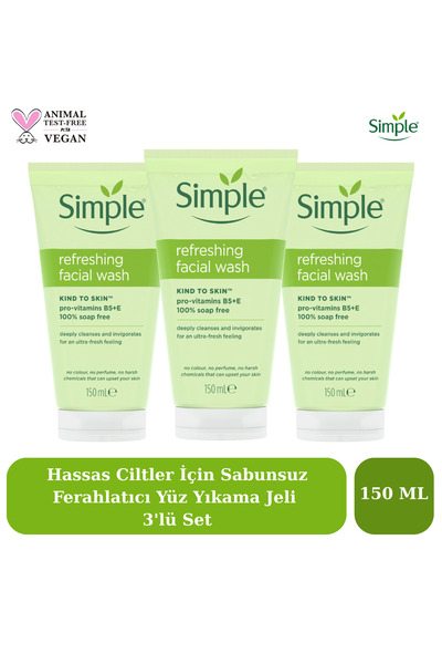 Simple Hassas Ciltler İçin Sabunsuz Ferahlatıcı Yüz Yıkama Jeli 150 ML 3'lü Set