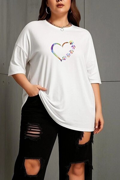 oneagılyazı Large Size Colorful Heart Printed Unisex T-Shirt