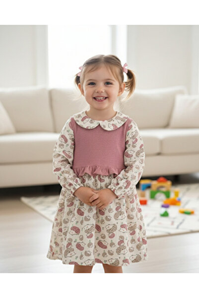 Ege Bebek Kız Çocuk Kirpi Baskılı Müslin Elbise ve Süveter l 2-3-4-5-6 Yaş Sü...