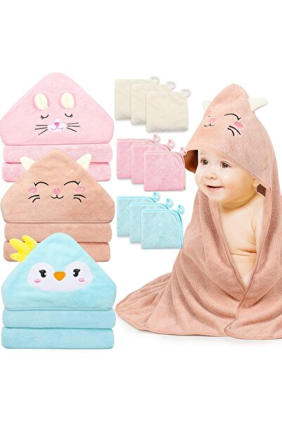 KASTWAVE مجموعة مناشف استحمام للأطفال مكونة من 12 قطعة مع غطاء للرأس